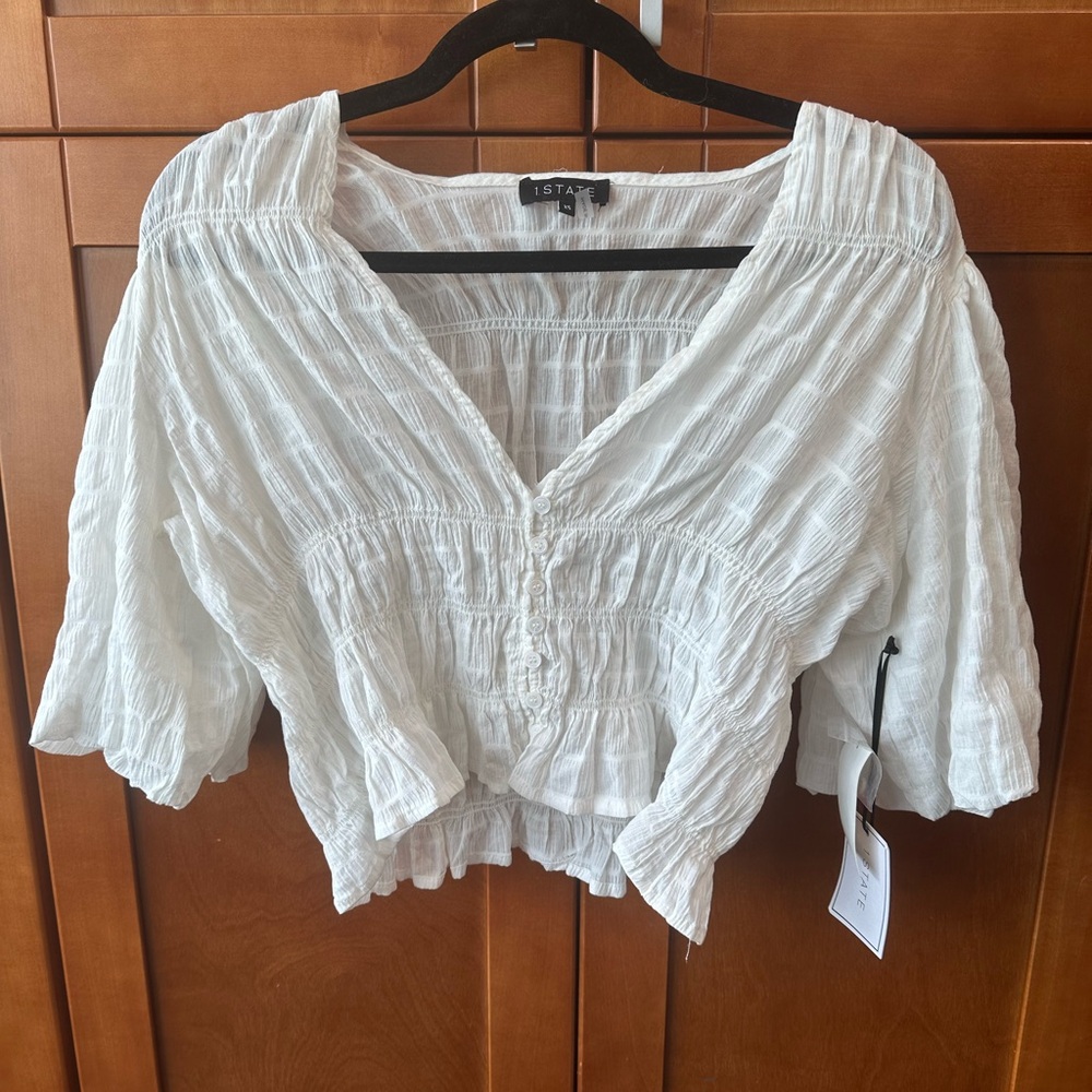 STATE White Crinkle V-Neck Peasant Blouse